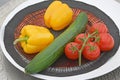 Healthy organic food yellow bell pepper, red tomatoes and cucumber Royalty Free Stock Photo