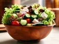 Healthy organic Greek salad with Feta cheese, tomatoes, olives and cucumber Royalty Free Stock Photo