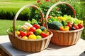 Healthy and Organic Picnic Hamper with Fresh Produce and Fruit in Wicker Basket. Generative Ai