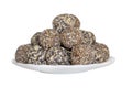Healthy Organic Protein Energy Bites With Nuts, Cacao, Banana, Seeds And Honey - Sports Food, Vegetarian Raw Snack.