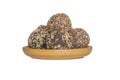 Healthy Organic Protein Energy Bites With Nuts, Cacao, Banana, Seeds And Honey - Sports Food, Vegetarian Raw Snack.