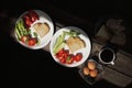 Healthy organic vegetable breakfast, tomato toast salad basil egg coffee