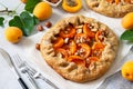 Healthy pastries made from rye flour, dessert diet food. Galette with apricots and nuts on a light stone table. Royalty Free Stock Photo