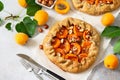 Healthy pastries made from rye flour, dessert diet food. Galette with apricots and nuts on a light stone table. Royalty Free Stock Photo