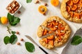 Healthy pastries made from rye flour, dessert diet food. Galette with apricots and nuts on a light stone table. Royalty Free Stock Photo