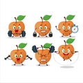 A healthy peach cartoon style trying some tools on Fitness center