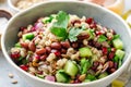 Healthy pearl barley salad with beans, cucumbers, red onion, sunflower seeds, pomegranate and parsley in bowl