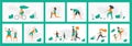 Healthy people poster. World health day greeting cards and flyers, cartoon characters doing outdoor activities and