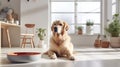 a healthy pet dog lying on the floor of a room waiting for food