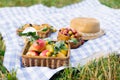 Picnic for summer holidays with fresh pastries, fresh fruits and berries, laid out on a white-blue checked fabric, basket and hat Royalty Free Stock Photo