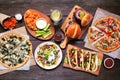 Healthy plant based fast food table scene. Top down view on a wood background. Royalty Free Stock Photo