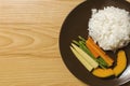 Healthy plate, white rice, carrots, baby corn