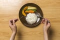 Healthy plate, white rice, carrots, baby corn