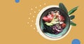 Healthy poke bowl dish with avocado, ginger, salmon, cabbage, tomatoes and nuts isolated on abstract colorful background. Fitness
