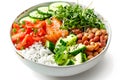 Healthy poke bowl salad meal of Salmon, avocado, cucumber, tomato, beans and rice on white background Royalty Free Stock Photo