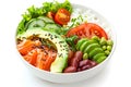 Healthy poke bowl salad meal of Salmon, avocado, cucumber, tomato, beans and rice on white background Royalty Free Stock Photo