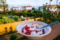 Healthy pomegranate and yogurt breakfast bowl enyoed on the balcony