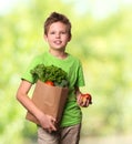 Healthy positive happy child with paper shopping bag full of fre