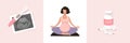 Healthy pregnancy illustration set, positive test and ultrasound scan, pregnant yoga, vitamins and dietary supplements