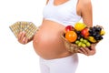Healthy pregnancy: pills or fruit? Close-up of a pregnant belly