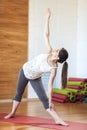 Healthy Pregnancy Yoga and Fitness concept. Young pregnant yoga woman working out in cozy living room interior. Pregnant model doi