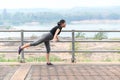 Healthy pregnant woman doing yoga  nature outdoors. Prenatal yoga is a way to maintain a healthy mind and body to increase Royalty Free Stock Photo