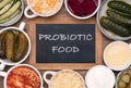 Healthy probiotic fermented foods in cups and bowls Royalty Free Stock Photo