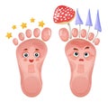 Healthy and problem foot characters. Skin or nail fungus. Pair of funny human leg. Treatment fungal infection. Vector Royalty Free Stock Photo