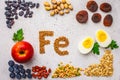 Healthy product sources of iron. Top view, food background, Fe ingredients on a white background