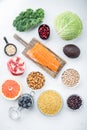 Healthy products immunity boosters , flat lay, on white background