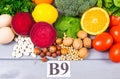 Healthy products and ingredients as source vitamin B9 acidum folicum, natural minerals, concept of nutritious eating Royalty Free Stock Photo