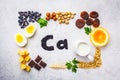 Healthy products sources of calcium. Top view, food background, Ca ingredients on a white background Royalty Free Stock Photo