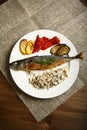 Healthy and proper food, grilled fish and vegetables Royalty Free Stock Photo