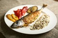 Healthy and proper food, grilled fish and vegetables Royalty Free Stock Photo