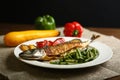 Healthy and proper food, grilled fish and vegetables Royalty Free Stock Photo