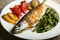 Healthy and proper food, grilled fish and vegetables Royalty Free Stock Photo