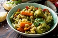 Healthy proper nutrition. Homemade vegetarian couscous close-up with string beans, brussels sprouts, carrots, sweet peppers and