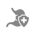 Healthy protected stomach grey icon. First aid for gastrointestinal tract diseases symbol