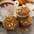 Healthy pumpkin muffins with tea and spices Royalty Free Stock Photo