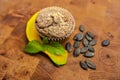 Healthy pumpkin muffins, vegan baked food, autumn dessert on wood background