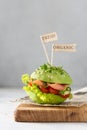 Healthy raw avocado burger with salted salmon, fresh vegetables and microgreen. Raw food diet recipe, healthy nutrition. Side view Royalty Free Stock Photo