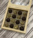 Healthy raw energy balls. Top view, concept of useful home-made candies without sugar. Candy vegan balls of almonds Royalty Free Stock Photo