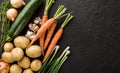 Healthy raw summer vegan vegetables and herbs, carrots, potatoes, zucchini, onion on dark stone background