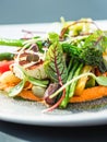 Healthy recipe, organic food and vegetarian salad menu in luxury restaurant, warm vegetables with cheese, greens and Royalty Free Stock Photo