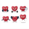 A healthy red love gummy candy cartoon style trying some tools on Fitness center