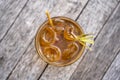 Healthy, refreshing drink of cinnamon and stalks of lemongrass on a wooden table, top view Royalty Free Stock Photo