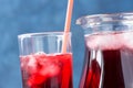 Healthy Refreshing Drink From Ice Hibiscus Tea and Red Berries and Fruits Juice in Pitcher and Tall Glass with Straw. Vitamins