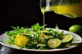 A healthy and refreshing salad made with a variety of fresh green leafy vegetables arranged on a white plate., A spritz of lime Royalty Free Stock Photo