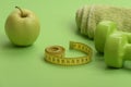 Healthy regime equipment, defocused. Dumbbells in bright green color Royalty Free Stock Photo