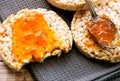 Healthy rice cake with bio jam close up Royalty Free Stock Photo